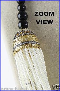Designer Multi Strings Pearls Black Onyx Bell Gold Plated CZ Kundan Necklace Set