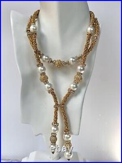 Designer Set Of Two Vintage Necklaces Faux Pearls Crystals Substantial And Rich