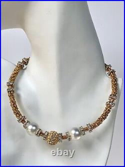 Designer Set Of Two Vintage Necklaces Faux Pearls Crystals Substantial And Rich