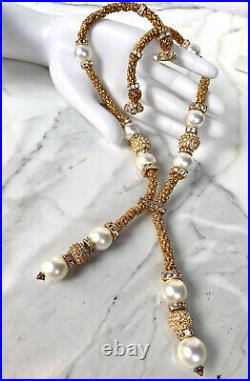 Designer Set Of Two Vintage Necklaces Faux Pearls Crystals Substantial And Rich