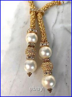 Designer Set Of Two Vintage Necklaces Faux Pearls Crystals Substantial And Rich