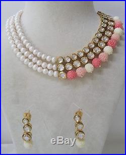 Designer White Pearls Gold Plated Polki Kundan Necklace Set Peach Coral Drops