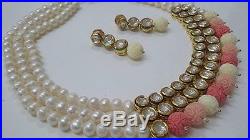 Designer White Pearls Gold Plated Polki Kundan Necklace Set Peach Coral Drops