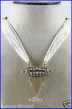 Designer White Pearls Multi Strings CZ Polki Kundan Black Enamel Necklace Set