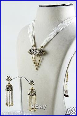 Designer White Pearls Multi Strings CZ Polki Kundan Black Enamel Necklace Set
