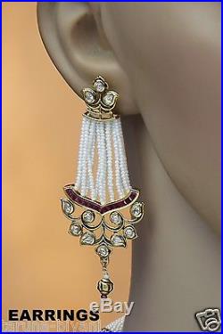 Designer White Pearls Strands Red CZ Polki Kundan Gold Plated Necklace Set