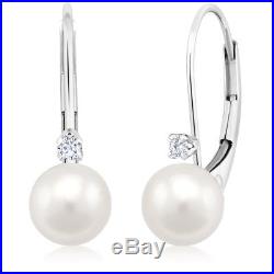 Diamond Accent Cultured Akoya Pearl Leverback Earrings Set In 14K White Gold
