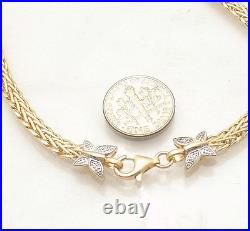 Diamond Accent Wheat Spiga Bracelet Chain Necklace Set Real 14K Yellow Gold