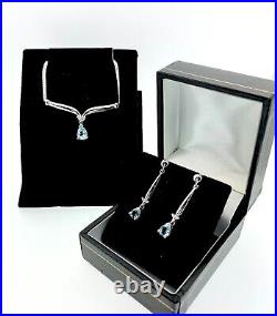 Diamond & Aquamarine Necklace & Drop Earrings Set 9ct Solid White Gold 6.16 gr