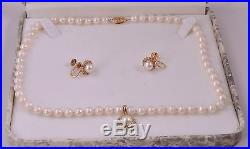 Diamond & Pearl 14K Gold Necklace, Enhancer Pendant, & Screw Back Earrings Set