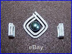 Diamond, Tahitian Black Pearl & 18k White Gold Pendant and Earrings Set