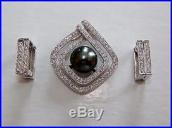 Diamond, Tahitian Black Pearl & 18k White Gold Pendant and Earrings Set