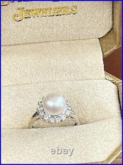 Diamond and Pearl Ring Halo Set in 18K White Gold Size 7 Pearl 8.6mm