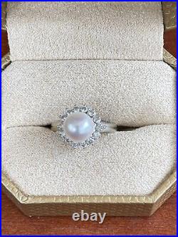 Diamond and Pearl Ring Halo Set in 18K White Gold Size 7 Pearl 8.6mm