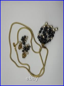 Diane Von Furstenberg DVF Vintage Necklace Earrings Set Hematite Pearl Gold Tone