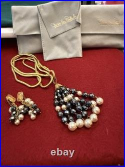 Diane Von Furstenberg DVF Vintage Necklace Earrings Set Hematite Pearl Gold Tone