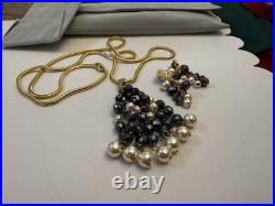 Diane Von Furstenberg DVF Vintage Necklace Earrings Set Hematite Pearl Gold Tone