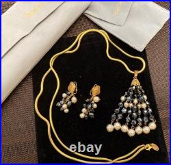Diane Von Furstenberg DVF Vintage Necklace Earrings Set Hematite Pearl Gold Tone