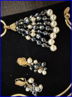 Diane Von Furstenberg DVF Vintage Necklace Earrings Set Hematite Pearl Gold Tone