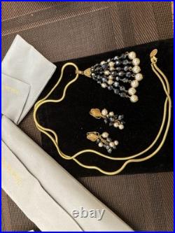 Diane Von Furstenberg DVF Vintage Necklace Earrings Set Hematite Pearl Gold Tone