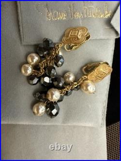 Diane Von Furstenberg DVF Vintage Necklace Earrings Set Hematite Pearl Gold Tone