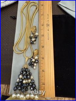 Diane Von Furstenberg DVF Vintage Necklace Earrings Set Hematite Pearl Gold Tone