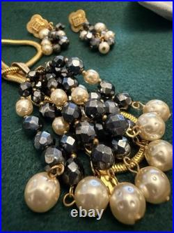 Diane Von Furstenberg DVF Vintage Necklace Earrings Set Hematite Pearl Gold Tone
