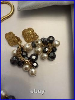 Diane Von Furstenberg DVF Vintage Necklace Earrings Set Hematite Pearl Gold Tone