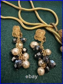 Diane Von Furstenberg DVF Vintage Necklace Earrings Set Hematite Pearl Gold Tone