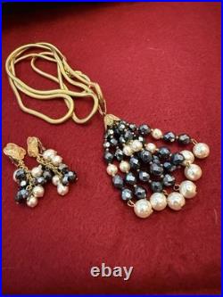 Diane Von Furstenberg DVF Vintage Necklace Earrings Set Hematite Pearl Gold Tone