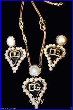 Dolce & Gabbana Antique Brass Pearl Embellishment Heart Necklace Earrings Set