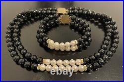 Double Strand 14K Solid Gold Black Onyx Genuine Pearl Bead Necklace Bracelet Set