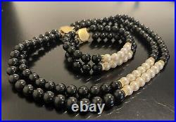 Double Strand 14K Solid Gold Black Onyx Genuine Pearl Bead Necklace Bracelet Set