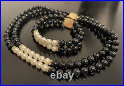 Double Strand 14K Solid Gold Black Onyx Genuine Pearl Bead Necklace Bracelet Set