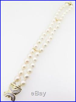 Double Strand Akoya Cultured Pearl 14k Gold Diamond Set Bracelet Val $2220