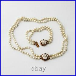 Double Strand Akoya Pearl Necklace Bracelet Set 14 K Gold