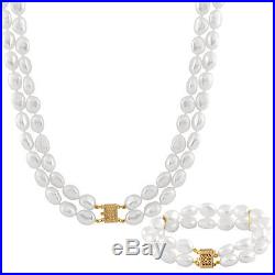 Double rows 8-9mm freshwater pearl necklace and bracelet set with 14k gold clasp