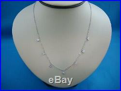 Drop Dangle Diamond Necklace 14k White Gold, 7 Bezel-set Diamonds, 18 Long