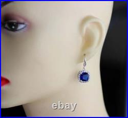 Drop Earrings & Pendant Set 6Ct Cushion Cut Blue Sapphire 18k White Gold Finish