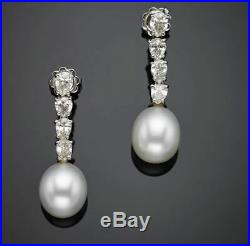 Drop Pendant Earrings with South Sea Pearls and Diamonds Set in 18K White Gold