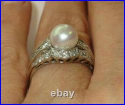 ESTATE 14K White Gold 7mm PEARL + Pave Set 1/3ctw Diamond Ring Size 7.5