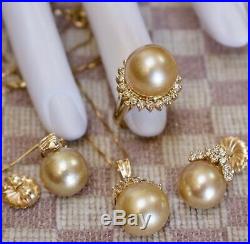 ESTATE 14K YELLOW GOLD 12mm GOLDEN PEARL & DIAMOND NECKLACE/EARRING/RING SET