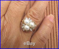 ESTATE 14kt YELLOW GOLD 6mm PEARL & DIAMOND RING/EARRING/PENDANT SET (SUITE)