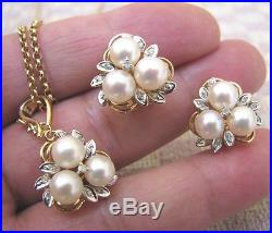 ESTATE 14kt YELLOW GOLD 6mm PEARL & DIAMOND RING/EARRING/PENDANT SET (SUITE)