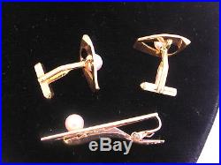 Estate Mikimoto 14k Gold Pearl Cufflinks & Clip/bar Set
