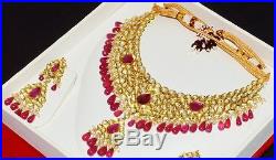 Estate Moghul Ruby Pearl Diamond Enamel 22k 18k Gold Necklace Dangle Earring Set