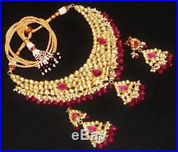 Estate Moghul Ruby Pearl Diamond Enamel 22k 18k Gold Necklace Dangle Earring Set