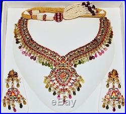 Estate Moghul Tourmaline Pearl Diamond Enamel 22k 18k Gold Necklace Earring Set