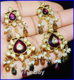 Estate Moghul Tourmaline Pearl Diamond Enamel 22k 18k Gold Necklace Earring Set