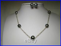 ESTATE VTG 14K GOLD GENUINE TAHITIAN 10 mm PEARL TIN CUP NECKLACE &EARRINGS SET